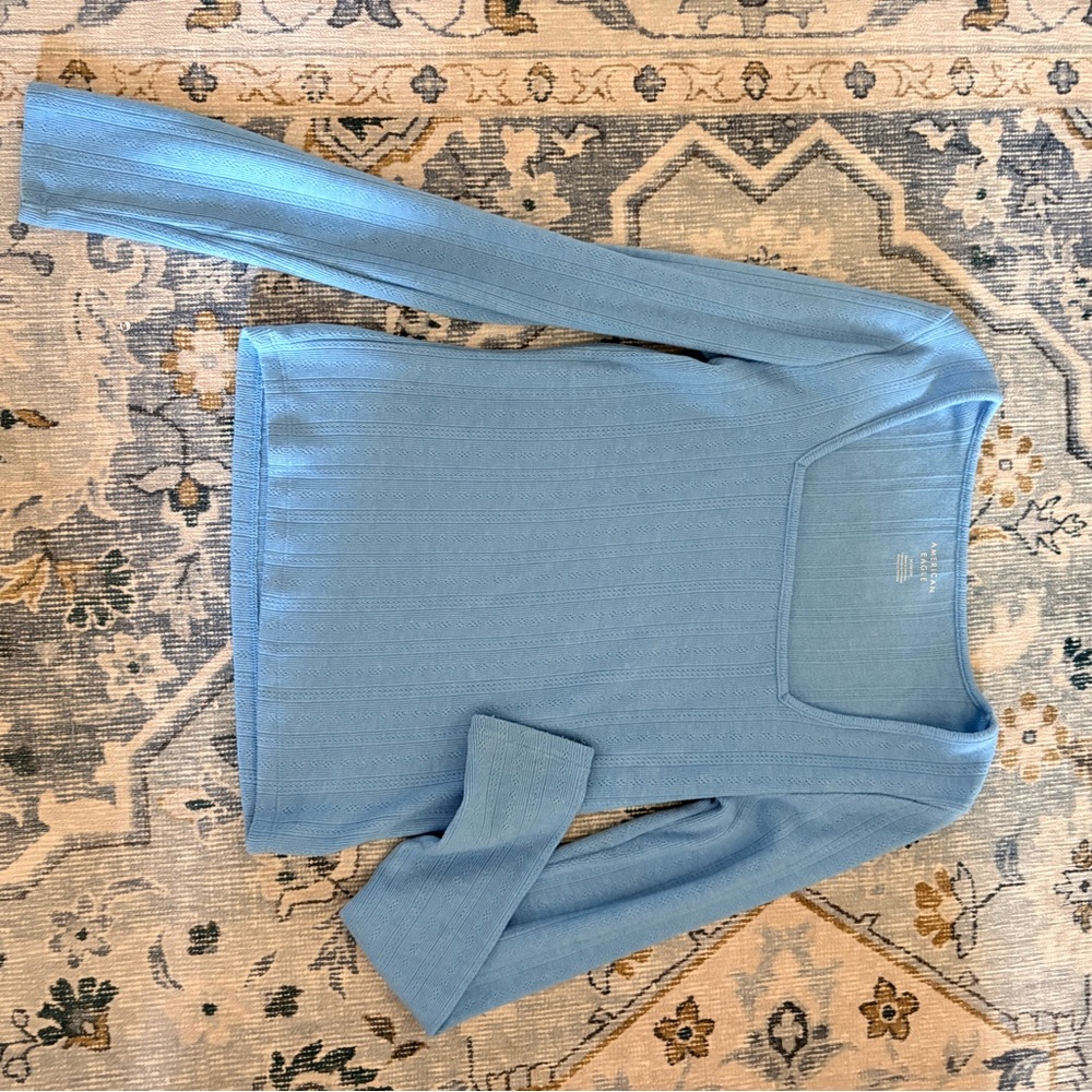 American Eagle Outfitters Light Blue Ribbed Square-Neck Top